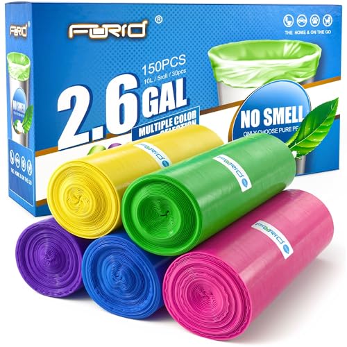 Forid Small Trash Bags for Bathroom - 2.6 Gallon Garbage Bags Unscented Extra Thick Strong Wastebasket Can Liners for Home Office Bedroom 150 Bags Multi Colored