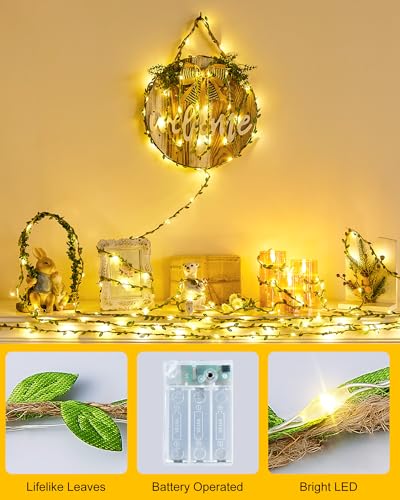 Image of Minetom Vine Fairy Lights Battery Operated: 21ft 60 LED Leaf-Embellished Hemp Rope Fairy Lights with Remote - Twinkle String Lights for Girls Bedroom Dorm Room Wall Decorations