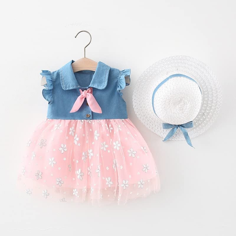 Image of Bold N Elegant Cap Sleeve Denim Embroidered Midi Party Dress Frock with Hat Dress for Infant Toddler Girl Baby Girl