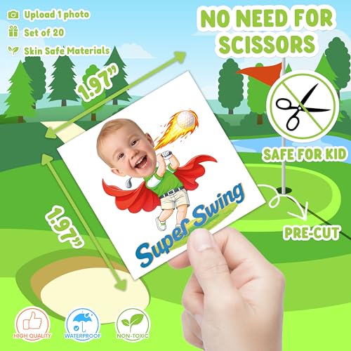 Image of Custom Golf Temporary Tattoos for Kids, Set of 20 | Personalized Pre-Cut Face Photo, Birthday Party Favors, For Boys Girls, Golf Fans