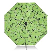 Cute Cartoon Frogs Prints Green Windproof Travel Umbrella Compact Black Parasols for Sun Protection Automatic Reverse Umbrella for Adults Women Men