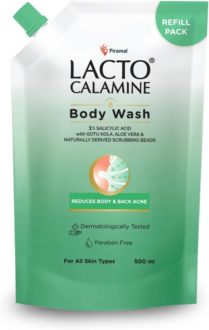 Lacto Calamine 1% Salicylic Acid Body Wash Refill Pouch | 500ml x Pack of 1 | For Body Acne, Back Acne, Rough & Bumpy Skin |Cica, Aloe Vera, Turmeric & Natural Scrub Beads | Shower Gel For Men & Women