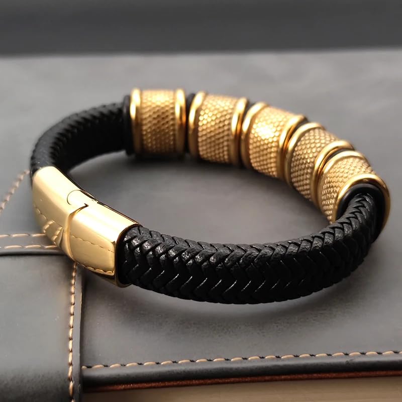 Image of THE MEN THING Leather Bracelet for Men - American Style Genuine Leather Multi-Layer Braided Bracelet with 100% Stainless Steel Magnetic Buckle for Men & Boys (8 inch)
