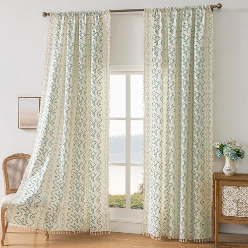 Image of Boho Curtains 72 Inch Long for Living Room, Bedroom, Turquoise White 2 Panels Floral Farmhouse Vintage Tassel Semi Sheer Light Filtering Privacy Window Curtain Drapes with Rod Pocket