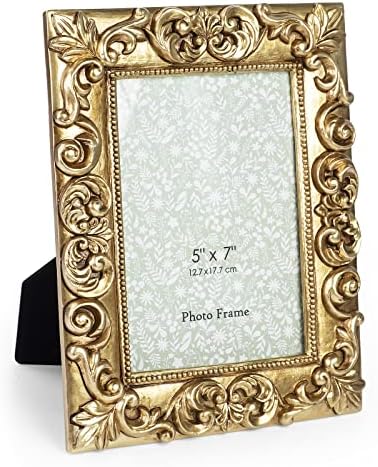 GUOER 5x7 Picture Frames Vintage Photo Frame with Glass Front Antique Picture Frame for Tabletop Wall Hanging (5x7, Golden)
