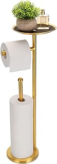 Sfemn Freestanding Gold Toilet Paper Stand with Storage Tray and Space for 4 Extra Rolls
