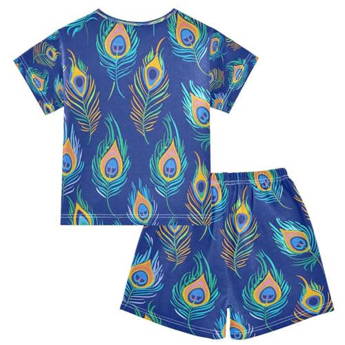 senya Short Sleeve Pajamas Sets Summer Cotton Sleepwear Peacock Feathers Blue Background2