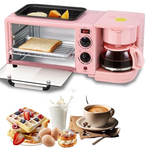 3-In-1 Breakfast Station, Electric Multifunctional Machine with 1.2L Cooking Pot, 9L Large Capacity Baking Area, and Coffee maker, for Apartments Kitchenettes, Independent Control pink