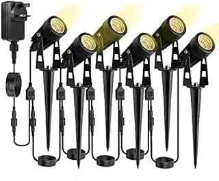 98.4FT/30M Garden Spike Lights, Spurleh 6 in 1 Garden Lights Mains Powered with BS Plug, 12V Warm White Outdoor Garden Spotlights IP65 Waterproof Ideal for Garden, Lawn, Wall, Path