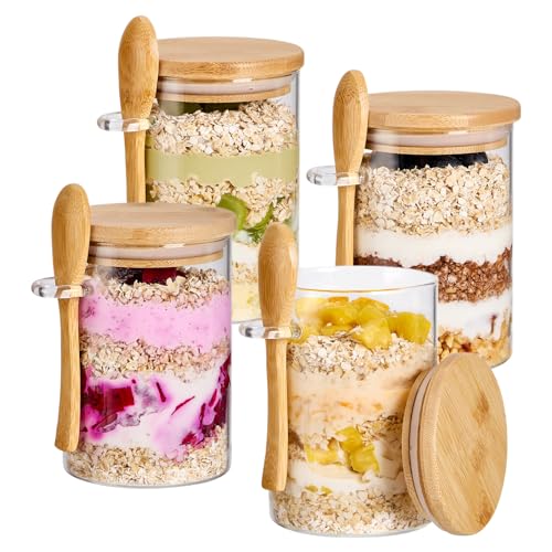 Image of 4 Pack Overnight Oats Containers with Bamboo Lids and Spoons - 22 oz Airtight Glass Jars with Lid, Meal Prep Jars for Chia Pudding, Yogurt, Salad, Cereal, Coffee, Flour | Food Storage Canister