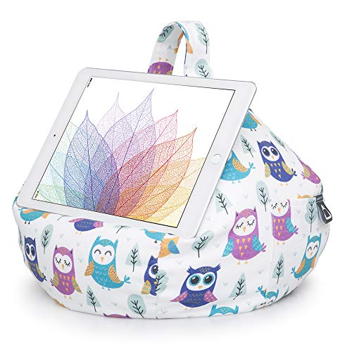 iBeani iPad and Tablet Cushion Stand - Bean Bag Holder For All Devices - Securely Holds at Any Angle on Any Surface - Handy Side Pocket - Range of Designs - Owls