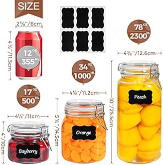 ComSaf Airtight Glass Canister Set of 6 with Lids 17oz Food Storage Jar Square - Storage Container with Clear Preserving Seal Wire Clip Fastening for Kitchen Canning Cereal,Pasta,Sugar,Beans,Spice