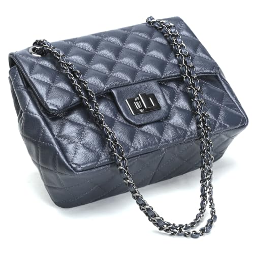 Bolsa Feminina Couro Legitimo Matelassê Média (Azul C/Grafite)