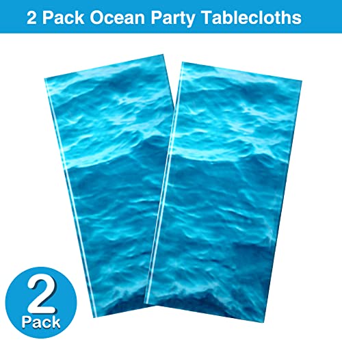 Image of Irenare 2 Pieces Ocean Plastic Tablecloth 54 x 108 Inch Blue | Water Waves Print, Disposable Table Cover for Under the Sea Theme Decoration Beach Pool Party, Birthday Baby Shower Supplies