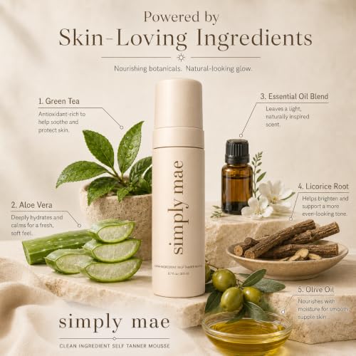 Simply Mae Self Tanner Mousse - Streak-Free Sunless Tanning Foam, USA Made with Natural & Organic Ingredients, Essential Oil Based, No Fake Tan Smell, Natural Glow for Face & Body (Medium, 6.7 Fl Oz) - Image 2