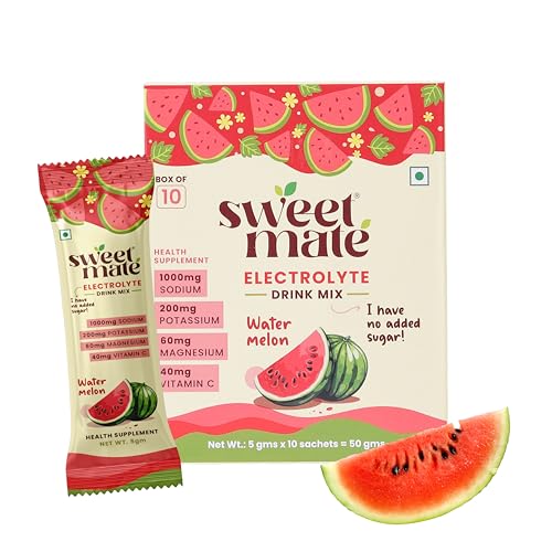Image of Sweetmate Sugar Free Watermelon Electrolyte Drink Mix Sweetened With Stevia - 5g (10 Sachet) No Preservatives and Chemicals| Offers 10x more Electrolyte | Keto Friendly, Vegan
