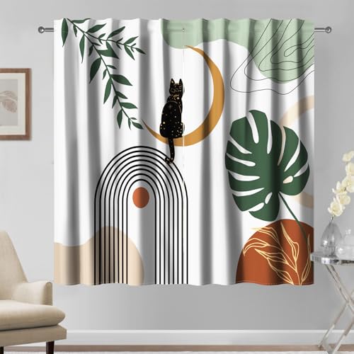Kzzfqxb 132×214cm Rideaux Modernes, Ochre Khaki Sun Moon Leaves Black Cat Beige Arch Bohemian Retro Art Drape Curtains 2 Panels, Drape de décoration pour la Chambre et Le Salon
