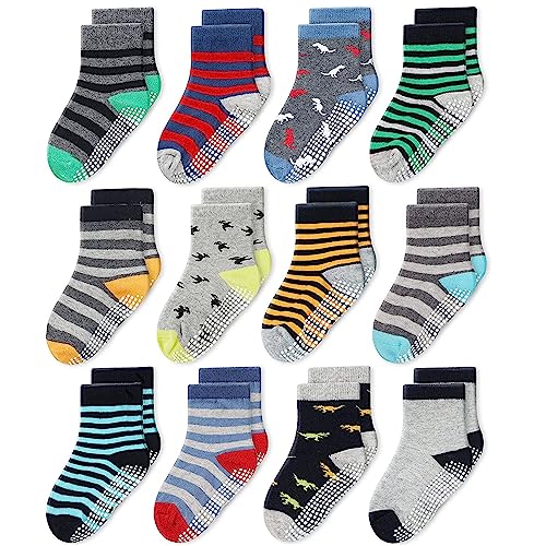 CozyWay Baby & Toddler Socks With Grippers Non Slip Crew Grip Socks for Girls and Boys Soft Comfy Cotton - 12 Pack