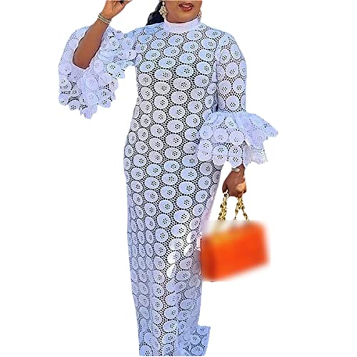 Robe africaine blanche femme Kelsiop : caftan long ajouré taille L pour l'été