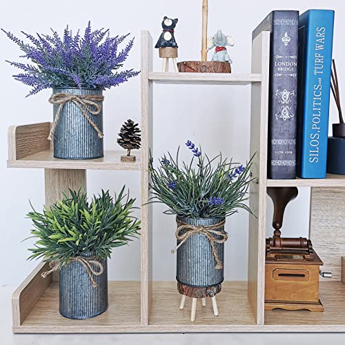 Set Of 3 Small Potted Plants Arrangement Artificial Lavender And Grass Plants In Rustic Galvanized Metal Pots With Decorative Wood Tray For Farmhouse Table Centerpiece Windowsill Indoor Greenery Decor #TOP7