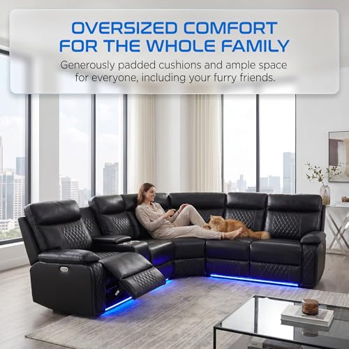 Image of Power Reclining Sectional Sofa for Living Room,Modern L-Shaped Air Leather Sectional Couch Set,Recliner Sofa Set,with LED Lights,Cup Holder,Storage,Charging Ports,Home (Blcak)