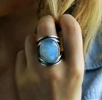Koguxuix Vintage Silver Ring Oval Cut Natural Colorful Moonstone Elegant Gemstone Wedding Ring Size 8