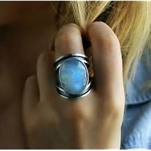Koguxuix Vintage Silver Ring Oval Cut Natural Colorful Moonstone Elegant Gemstone Wedding Ring Size 6