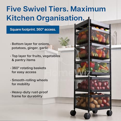 Image of HomeWiz Square Kitchen Rack 5- Layer | Lifetime Usage Heavy Duty Steel Trolley | Kitchen Storage | Onion Potato Rack For Kitchen | Multipurpose Storage Rack for Fruits & Vegetables | Rust-Free Forever