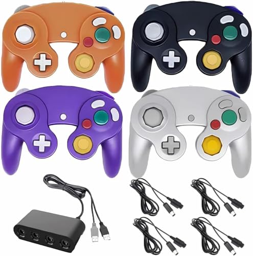 Poulep 4 Pack Wired Gamecube Controllers with 4 Port USB Adapter and 4 Pcs Extension Cord Set for Game Cube, Switch, WII, Wii U Console, PC (Orange Purple Silver Black