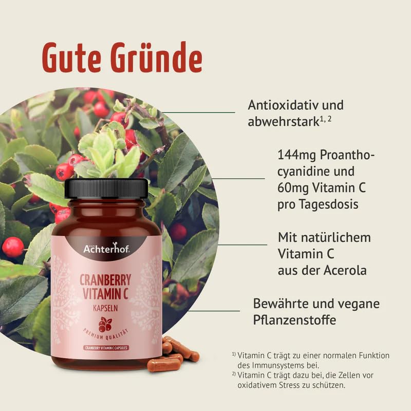Cranberry Vitamin C Kapseln 180 Stück | mit natürlichem Vitamin C aus der Acerola | bewährte und vegane Pflanzenstoffe | Achterhof (Packung mit 2)