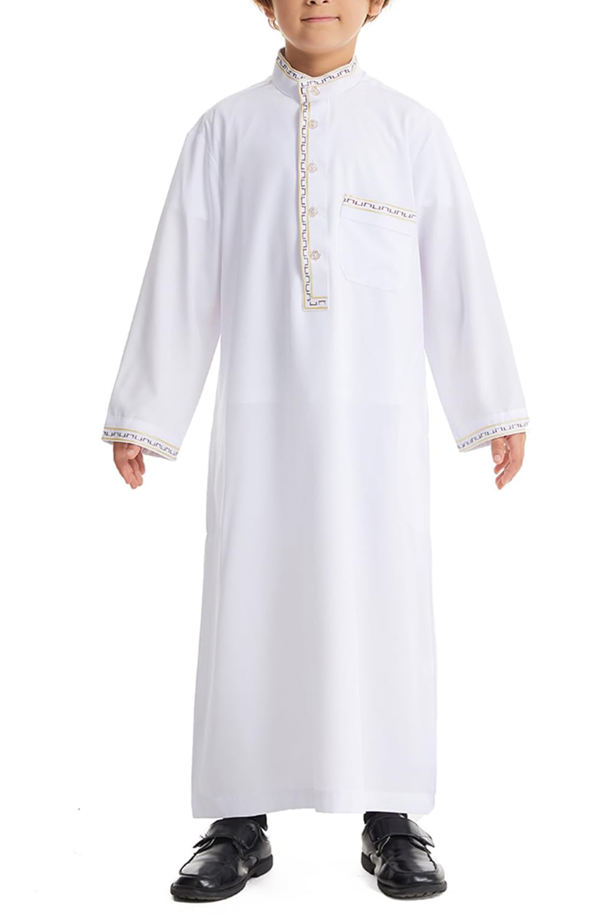 Qianliniuinc Robe islamique à col rond pour garçon - Manches longues - Robe musulmane avec poches