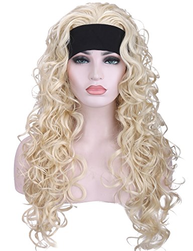 Kalyss 24" 613 Pale Blonde Curly Wavy Heat Resistant Synthetic Full Head Wigs for Women 3/4 Half Women's Wig with Black Headband Costume Hairpiece