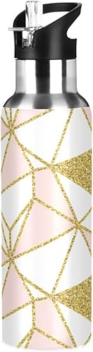 Stainless Steel Vacuum Insulated Water Bottle 20 Oz, Leakproof Water Bottles for Gym Outdoor Travel School, Geometric Gold Triangles