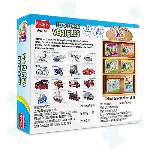 Play & Learn Funskool Vehicles Jigsaw Puzzle Game for Kids, 16x4 Pieces, Educational, Learning & Development, Fun Activity Toy for Childrens, Gift Set for Kid, Age 3+ Years