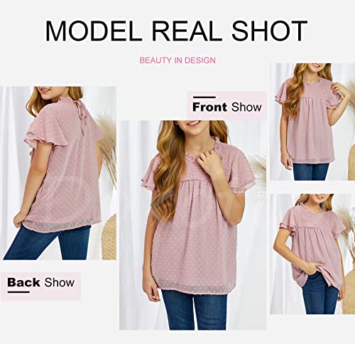 Dokotoo Girls' Fashion Cute 2022 Summer Crew Neck Flowy Ruffle Short Sleeve Smocked Pom Pom Dot Blouses Back Keyhole With Adjustable Tie Solid Casual Loose T Shirts Tops Pink 12-13 Years #TOP3