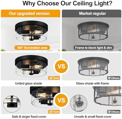 Black Flush Mount Ceiling Light Fixtures, 2-Light Ceiling Mount for Farmhouse with Seeded Glass Lampshade, Industrial Flush Mount Light Fixture Farmhouse for Hallway, Kitchen, Entryway and Foyer - photo 4