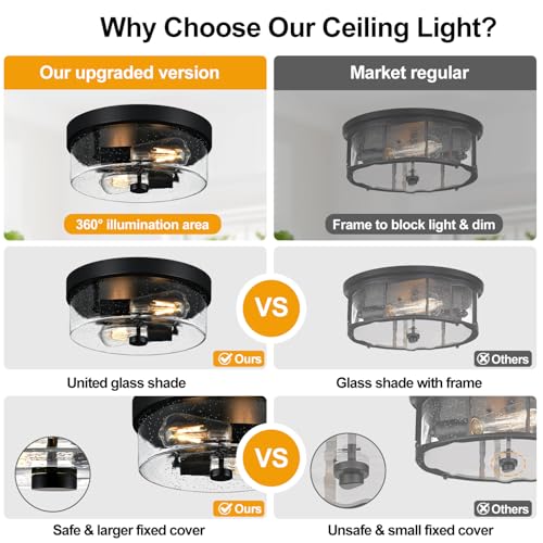 Black Flush Mount Ceiling Light Fixtures, 2-Light Ceiling Mount for Farmhouse with Seeded Glass Lampshade, Industrial Flush Mount Light Fixture Farmhouse for Hallway, Kitchen, Entryway and Foyer by szzgco - Image 2