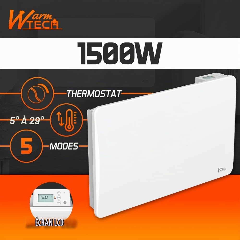 Radiateur inertie céramique 1500 W - IP24 - Fil pilote 6 ordres.