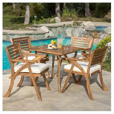 Outdoor Acacia Wood Dining Set - 5 Piece Solid Wood Dining Set with 1 Table & 4 Chairs & Removable Cushions, Versatile Patio Conversation Furniture Set for Deck, Backyard, Garden, Poolside, Teak