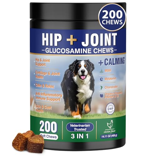 Hip and Joint Supplement for Dogs 200 Dog Calming Chews with Glucosamine, Chondroitin, Msm, Omega3, Melatonin for Senior Dogs Anxiety Pain Relief Anti Inflammatory Small/Medium/Large Dog -Chicken