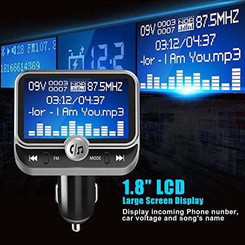 ToHayie Bluetooth FM Transmitter for Car, Transmitter Bluetooth Car Wireless Radio Adapter Hands-Free Car Kit with 1.8 inch Display, Dual USB Car Charger, AUX Input/Output, TF Card Mp3 Player, Silver