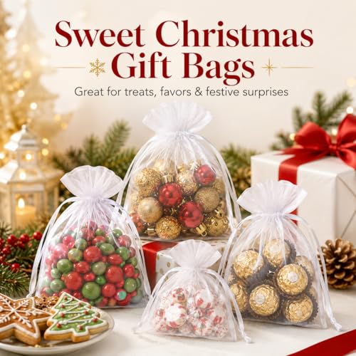 Image of Hopttreely 50pcs White Organza Bags, 4x4.72 inch Mesh Bags Drawstring Gift Bags Jewelry Pouches for Candy Wedding Favors Christmas, Bridal Showers, Candy, Jewelry & Goodie Bags
