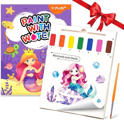YPLUS Paint with Water Books for Toddlers, Watercolor Painting Paper Gift for Kids Ages 1-3, 2-4, 4-6, Art Craft Gift for Drawing with Brush Christmas Stocking Stuffers for Kids Toddler - Mermaid