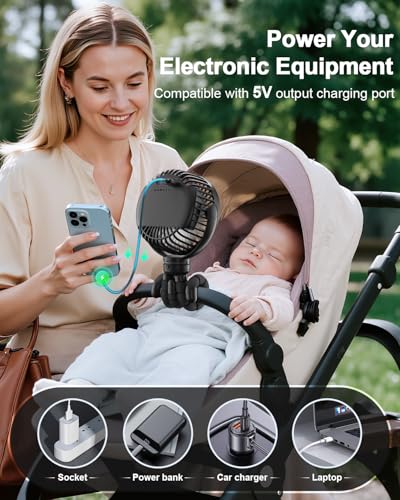 Image of FRIZCOL Portable Stroller Fan, Use As Power Bank, 65H 12000mAh Battery Operated Fan Flexible Tripod Baby Car Seat Fans with Timming, Personal Mini Handheld /Desk /Small Clip On Fans For Stroller