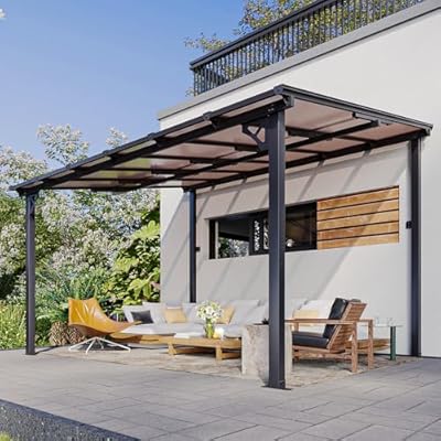 oneinmil 12 x 10FT Hardtop Gazebo for Patio, Outdoor Aluminum Wall-Mounted Gazebo Pergola with Sloped Roof, Heavy Duty Awnings for Patio Covers, Backyard, Deck, Garden