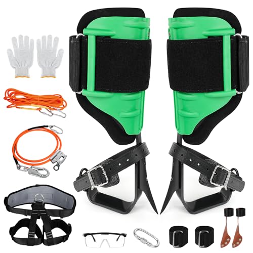 Fineera Tree Climbing Spikes Tree Spikes for Tree Work Adjustable Steel Spurs with Straps 350lbs Load for Pruning Trimming Fruit Picking & Tree Maintenance (Green Tree Climbing Spikes-9)