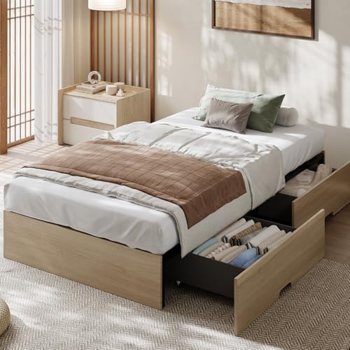 Image of GarveeHome Twin Size Wood Platform Bed Frame with 2 Storage Drawers, Wooden Bed Frame Without Headboard, Wood Slat Support, No Box Spring Needed, Easy Assembly