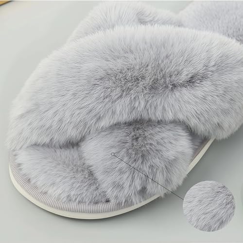 Slippers for Women Fluffy Cross Band Open Toe Slippers Non-slip House Slippers Cozy Soft Bedroom Hospital Indoor Outdoor Slipper3
