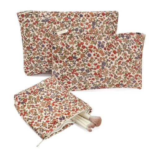 3Pcs Floral Makeup Bags, Cosmetic Bags for Women, Large Capacity Corduroy Makeup bag Set and Portable Mini Makeup Bag,Aesthetic Women Handbags Purses, Travel Essentials Aesthetic Stuff (Floral 01)