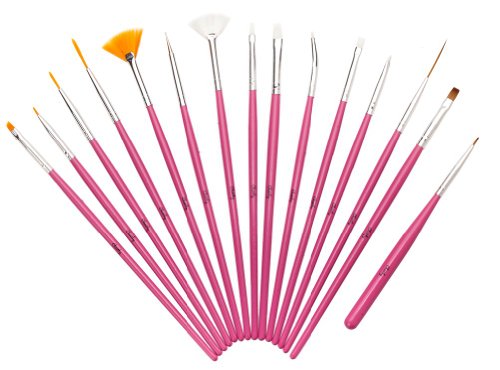 Set of 15 Professional Quality Nail Art Brushes/Tools Including Stripers Liners & Dotters In Pink By VAGA
